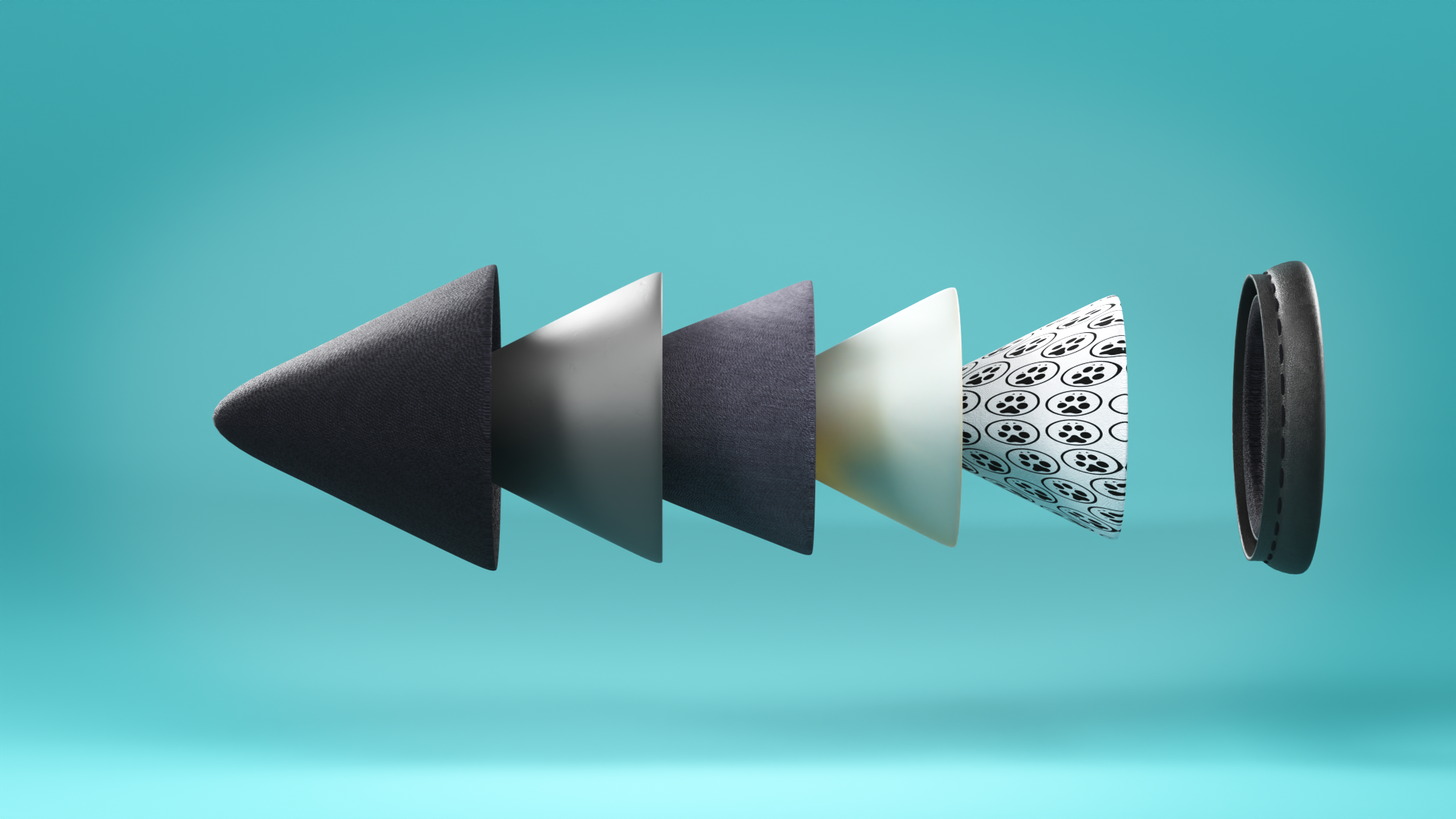 Exploded view of the five-layer Doggie Hush ear cup