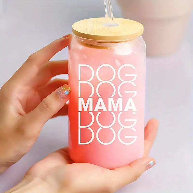 16oz Engraved Dog Mom Coffee Glass with Bamboo Lid – Unique Gift for Dog Lovers