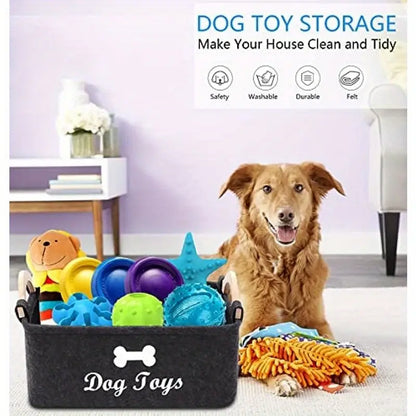 Grey Rectangular Felt Dog Toy Storage Basket