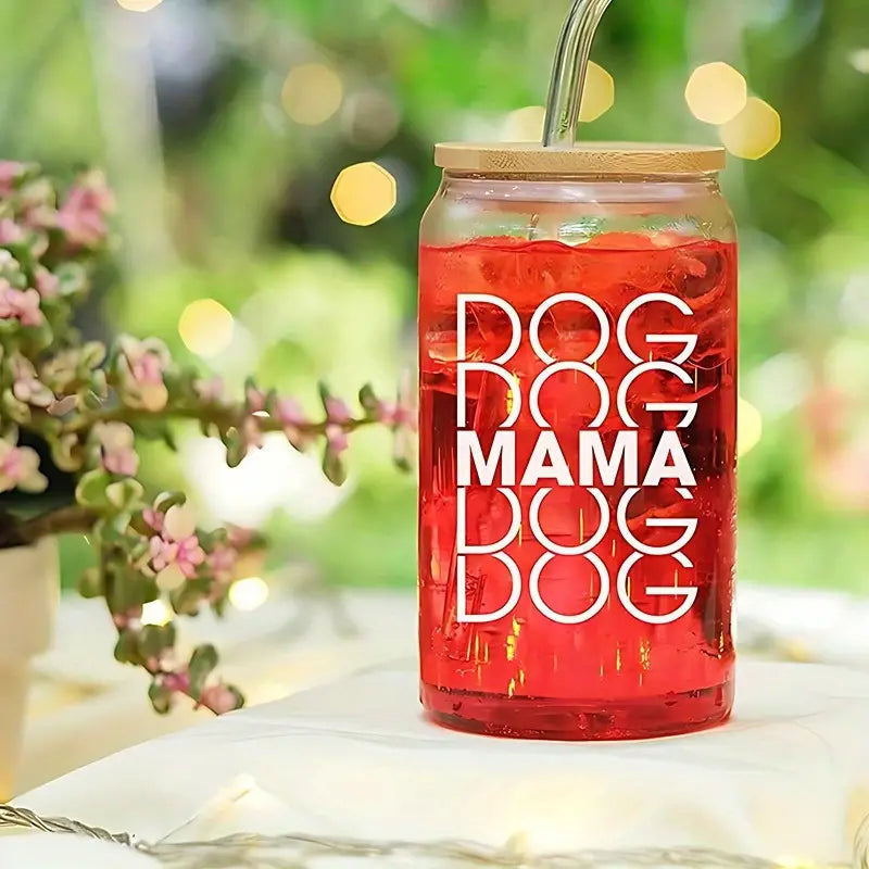 16oz Engraved Dog Mom Coffee Glass with Bamboo Lid – Unique Gift for Dog Lovers