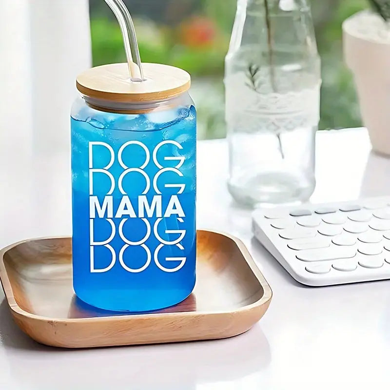 16oz Engraved Dog Mom Coffee Glass with Bamboo Lid – Unique Gift for Dog Lovers