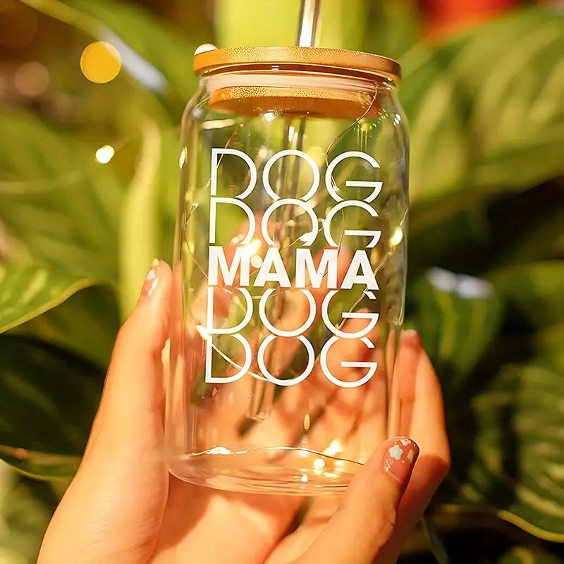 16oz Engraved Dog Mom Coffee Glass with Bamboo Lid – Unique Gift for Dog Lovers