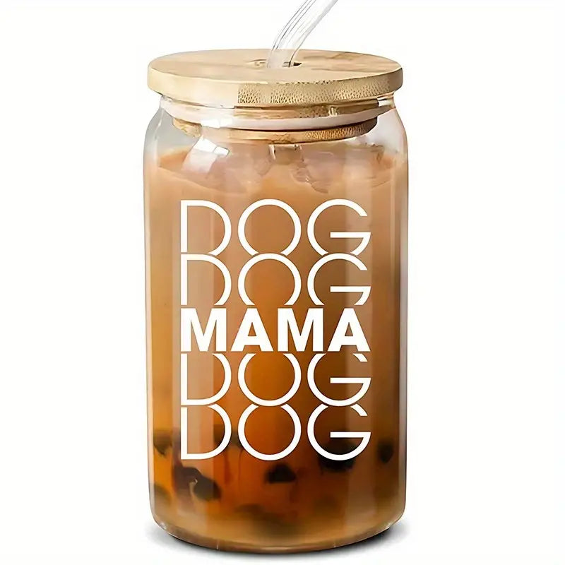 16oz Engraved Dog Mom Coffee Glass with Bamboo Lid – Unique Gift for Dog Lovers