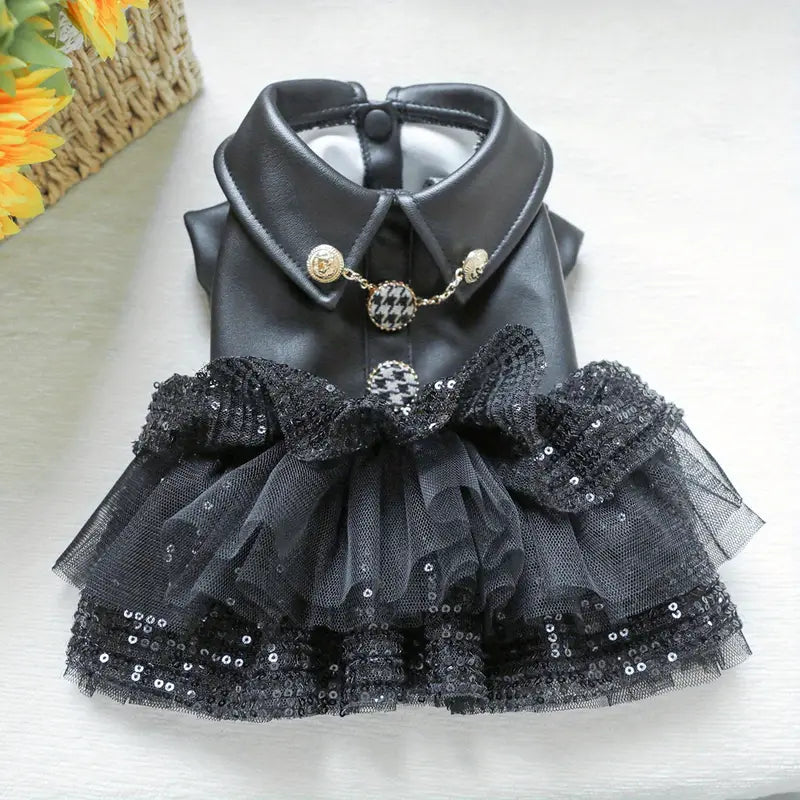 SPARKLING SEQUIN MINI LEATHER DOG DRESS