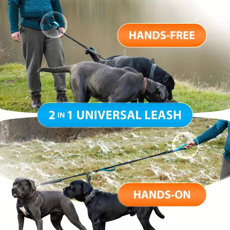 2-in-1 Hands-Free Double Dog Leash with Padded Handles, No Pull, Tangle-Free, Reflective Stitches