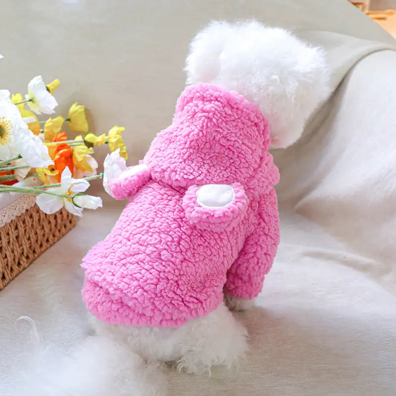 PINK TEDDY BEAR WARM PLUSH DOG HOODIE