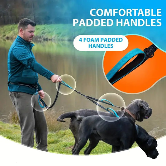 2-in-1 Hands-Free Double Dog Leash with Padded Handles, No Pull, Tangle-Free, Reflective Stitches