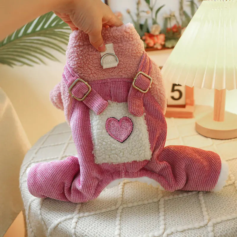 PINK HEART WARM PLUSH DOG JUMPSUIT