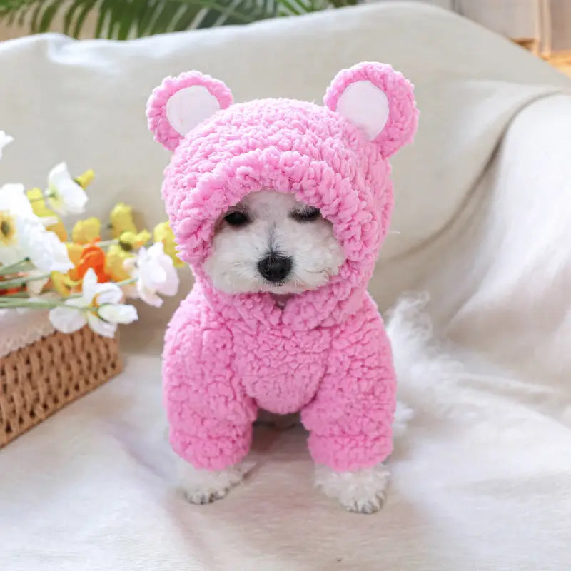 PINK TEDDY BEAR WARM PLUSH DOG HOODIE