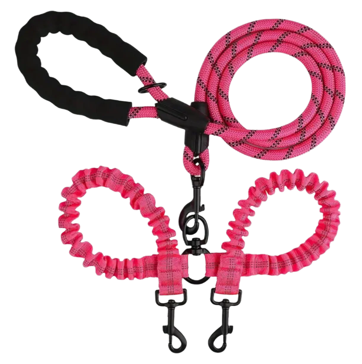 Two-Dog Walking Leash with 360° No-Tangle Swivel, Shock-Absorbing Bungee, and Reflective Design for Safe, Comfortable Walks. Durable, adjustable, and perfect for training and daily strolls.