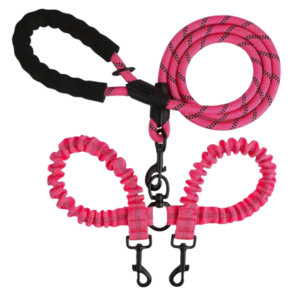 Two-Dog Walking Leash with 360° No-Tangle Swivel, Shock-Absorbing Bungee, and Reflective Design for Safe, Comfortable Walks. Durable, adjustable, and perfect for training and daily strolls.