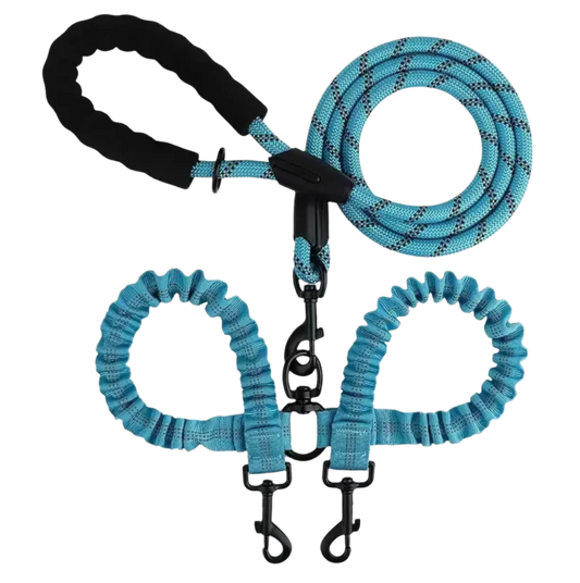 Two-Dog Walking Leash with 360° No-Tangle Swivel, Shock-Absorbing Bungee, and Reflective Design for Safe, Comfortable Walks. Durable, adjustable, and perfect for training and daily strolls.