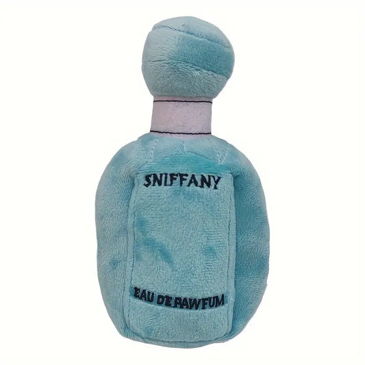 SNIFFANY EAU DE PAWFUM Teal Blue Parfum Bottle Plush Chew Toy with Squeaker for Interactive Pet Play and Dental Health