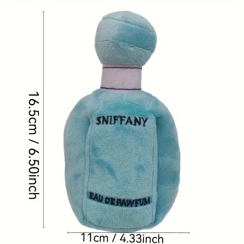 SNIFFANY EAU DE PAWFUM Teal Blue Parfum Bottle Plush Chew Toy with Squeaker for Interactive Pet Play and Dental Health