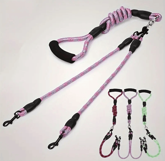 Dual Dog Leash with Wave Pattern - Adjustable, Tangle-Free Nylon Lead for Walking Two Dogs - Doggie Hush