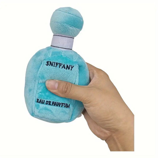 SNIFFANY EAU DE PAWFUM Teal Blue Parfum Bottle Plush Chew Toy with Squeaker for Interactive Pet Play and Dental Health