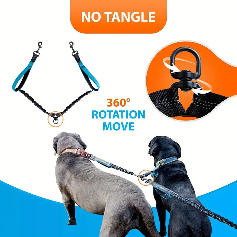 2-in-1 Hands-Free Double Dog Leash with Padded Handles, No Pull, Tangle-Free, Reflective Stitches